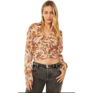Free People I Got You Printed Long Sleeve Floral Crop Top Womens XS VintageBrown